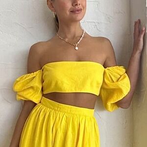 Rumer Sunshine Yellow Delphine Linen‎ Puff Sleeve Crop Top Size XXS NWT